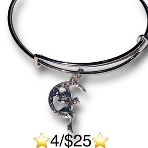 Expandable Silver Tone Charm Bracelet with Fairy on Crescent Moon Charm